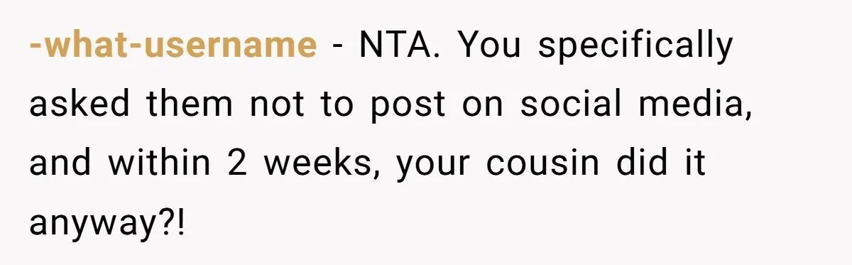 -what-username − NTA. You specifically asked them not to post on social media, and within 2 weeks, your cousin did it anyway?!
