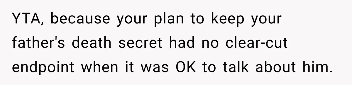 YTA, because your plan to keep your father's death secret had no clear-cut endpoint when it was OK to talk about him.