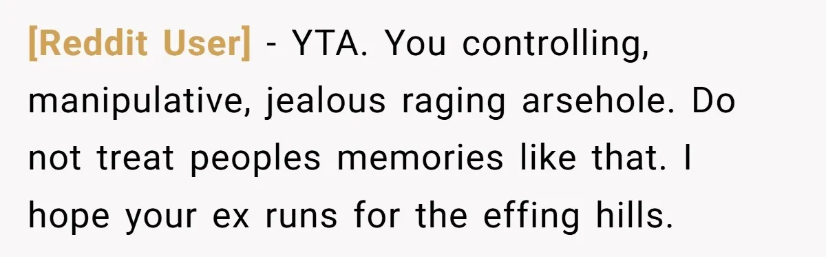 [Reddit User] − YTA. You controlling, manipulative, jealous raging arsehole. Do not treat peoples memories like that. I hope your ex runs for the effing hills.