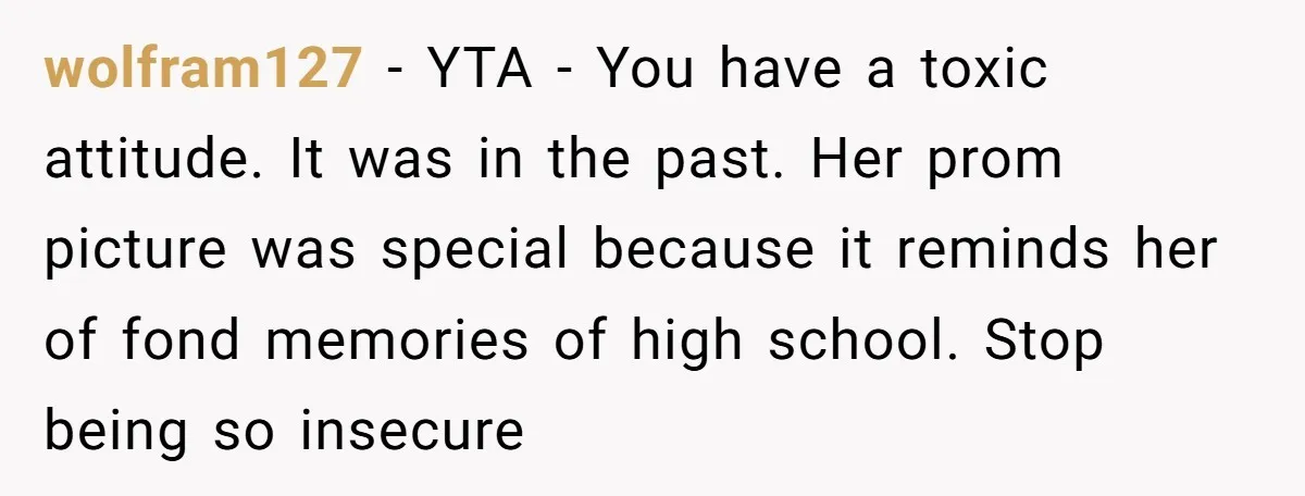 wolfram127 − YTA - You have a toxic attitude. It was in the past. Her prom picture was special because it reminds her of fond memories of high school. Stop...