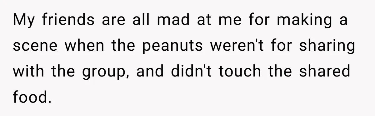 My friends are all mad at me for making a scene when the peanuts weren't for sharing with the group, and didn't touch the shared food.