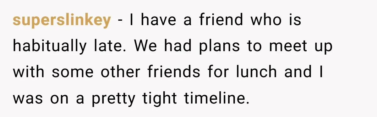 superslinkey − I have a friend who is habitually late. We had plans to meet up with some other friends for lunch and I was on a pretty tight timeline.