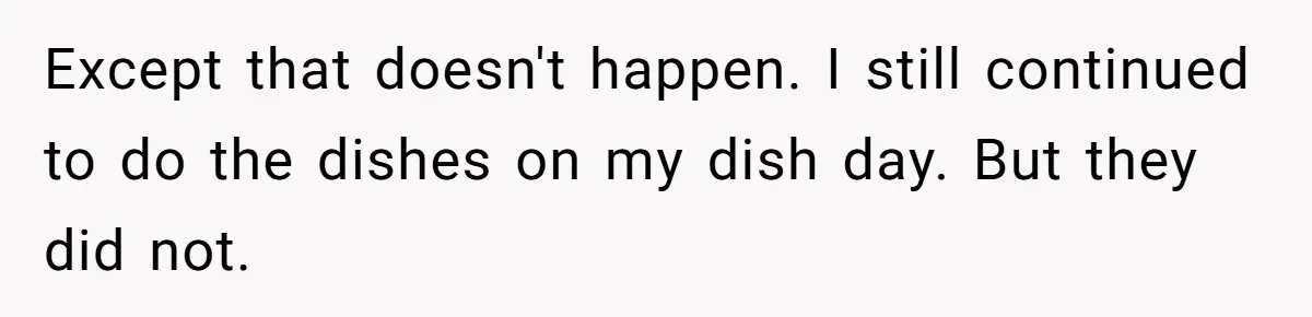 Except that doesn't happen. I still continued to do the dishes on my dish day. But they did not.