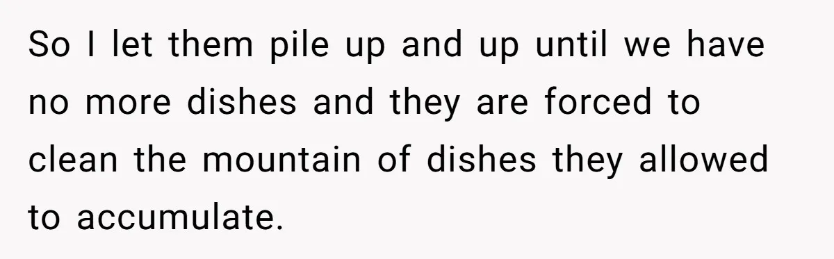 So I let them pile up and up until we have no more dishes and they are forced to clean the mountain of dishes they allowed to accumulate.