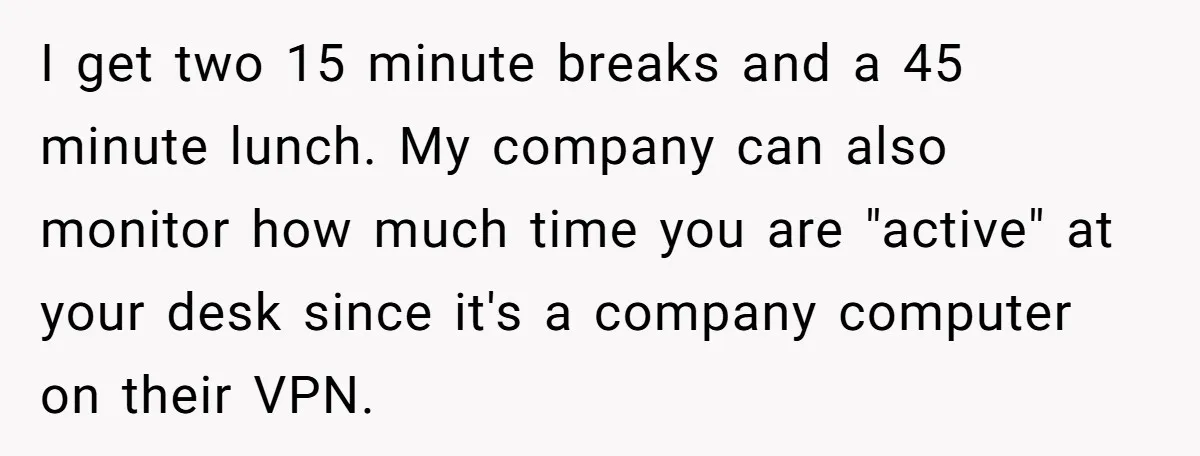 I get two 15 minute breaks and a 45 minute lunch. My company can also monitor how much time you are "active" at your desk since it's a company computer...