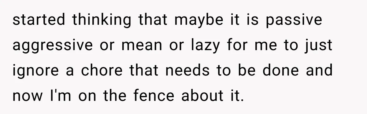 started thinking that maybe it is passive aggressive or mean or lazy for me to just ignore a chore that needs to be done and now I'm on the fence...