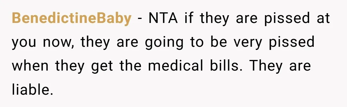 BenedictineBaby − NTA if they are pissed at you now, they are going to be very pissed when they get the medical bills. They are liable.