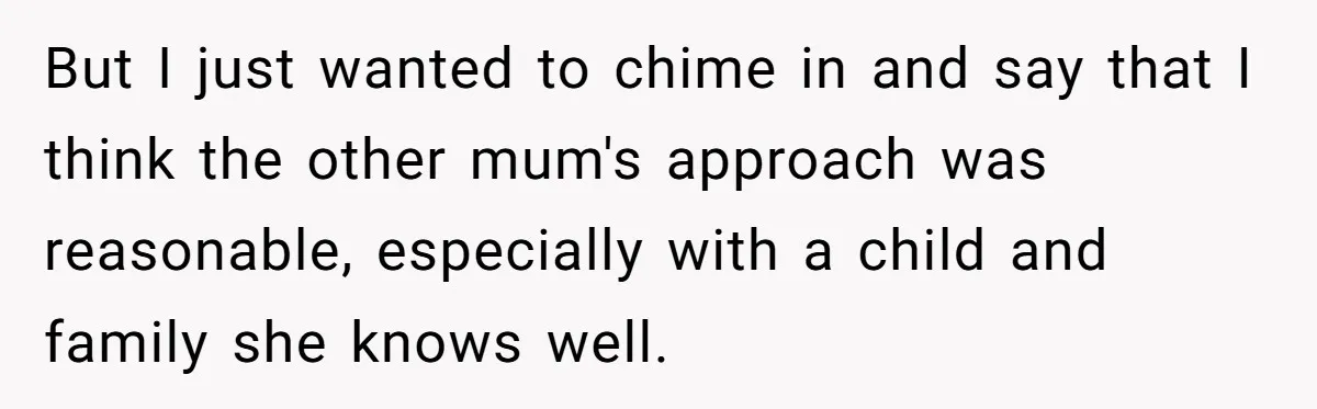 But I just wanted to chime in and say that I think the other mum's approach was reasonable, especially with a child and family she knows well.