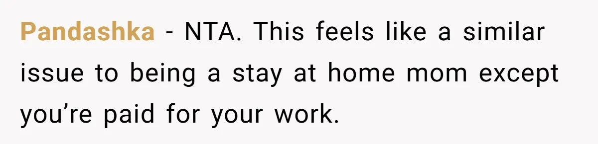 Pandashka − NTA. This feels like a similar issue to being a stay at home mom except you’re paid for your work.