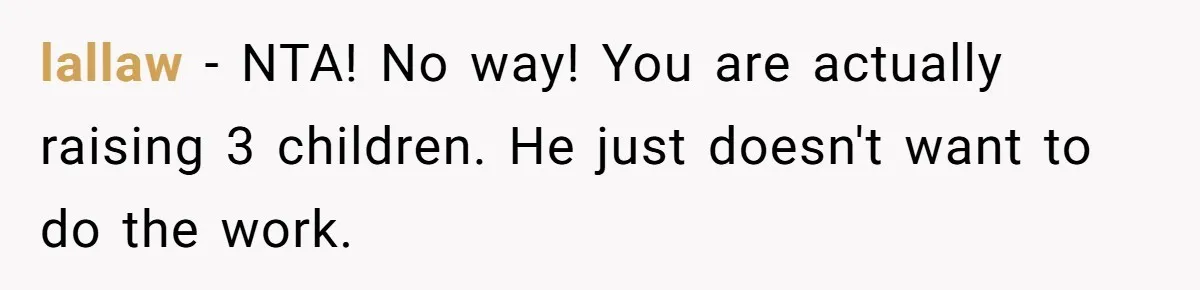 lallaw − NTA! No way! You are actually raising 3 children. He just doesn't want to do the work.