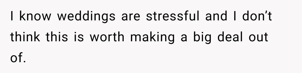 I know weddings are stressful and I don’t think this is worth making a big deal out of.