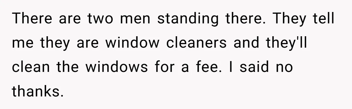 There are two men standing there. They tell me they are window cleaners and they'll clean the windows for a fee. I said no thanks.