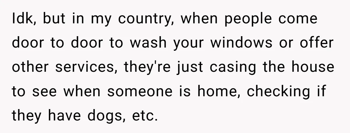 Idk, but in my country, when people come door to door to wash your windows or offer other services, they're just casing the house to see when someone is home,...