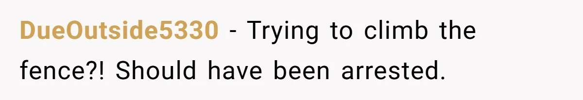 DueOutside5330 − Trying to climb the fence?! Should have been arrested.