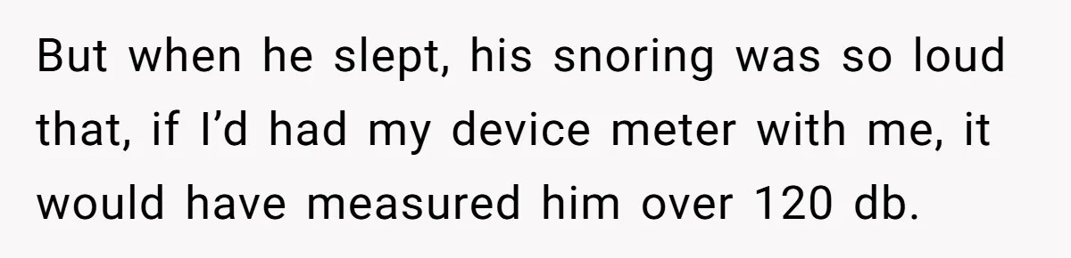 But when he slept, his snoring was so loud that, if I’d had my device meter with me, it would have measured him over 120 db.