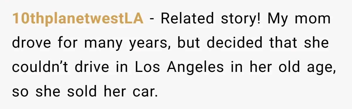 10thplanetwestLA − Related story! My mom drove for many years, but decided that she couldn’t drive in Los Angeles in her old age, so she sold her car.