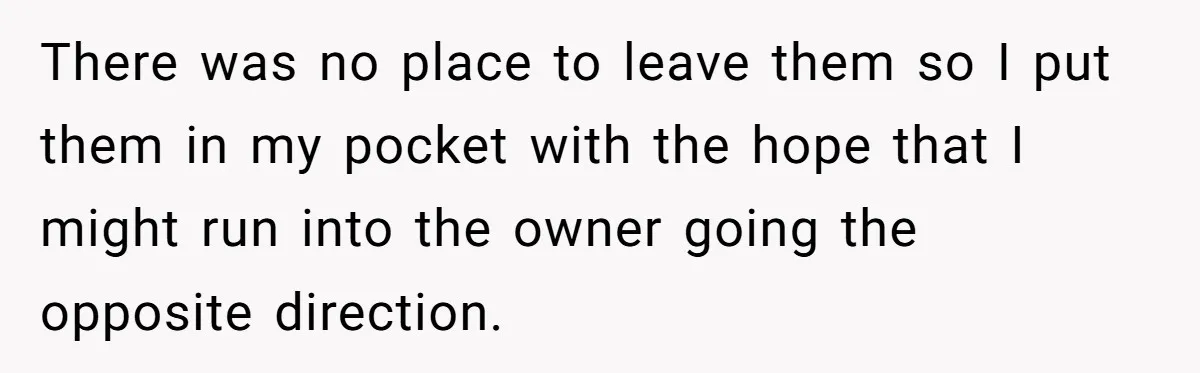 There was no place to leave them so I put them in my pocket with the hope that I might run into the owner going the opposite direction.