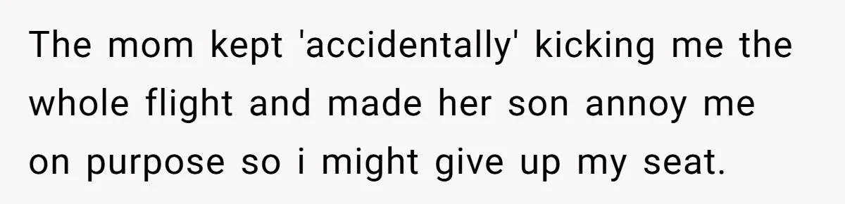 The mom kept 'accidentally' kicking me the whole flight and made her son annoy me on purpose so i might give up my seat.