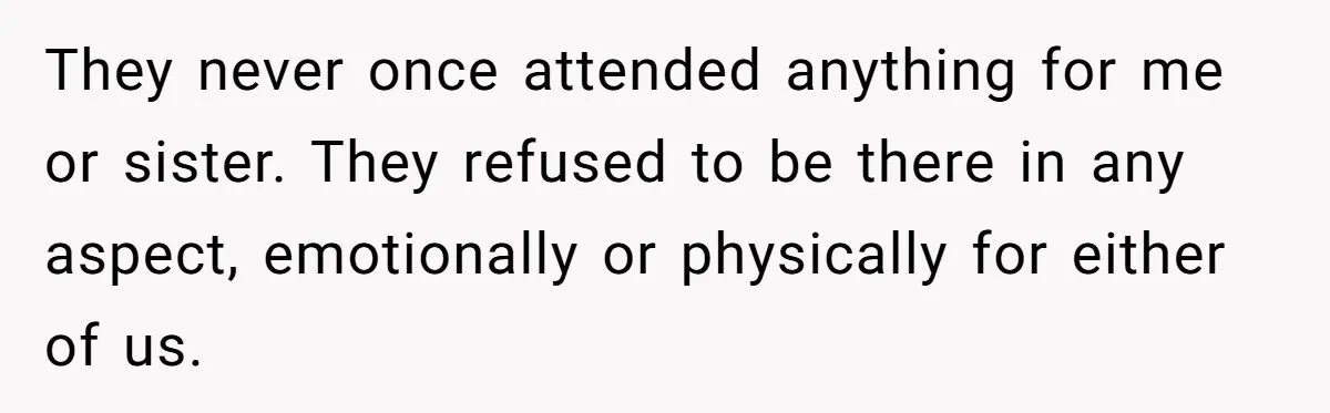 They never once attended anything for me or sister. They refused to be there in any aspect, emotionally or physically for either of us.