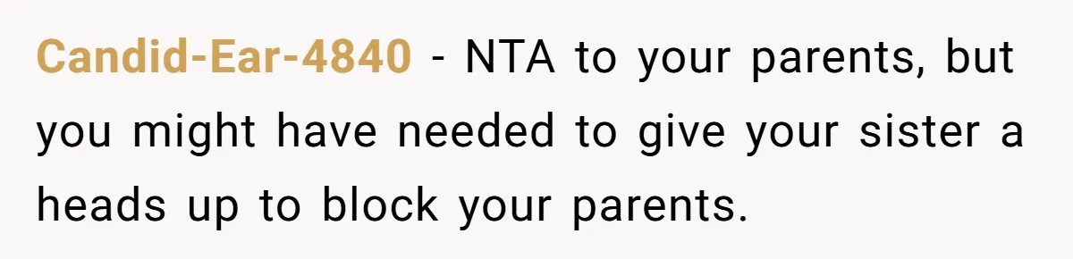 Candid-Ear-4840 − NTA to your parents, but you might have needed to give your sister a heads up to block your parents.