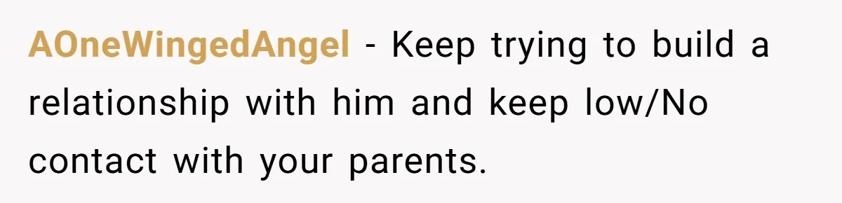 AOneWingedAngel − Keep trying to build a relationship with him and keep low/No contact with your parents.