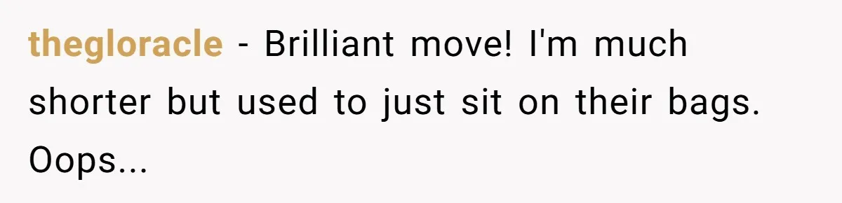 thegloracle − Brilliant move! I'm much shorter but used to just sit on their bags. Oops...