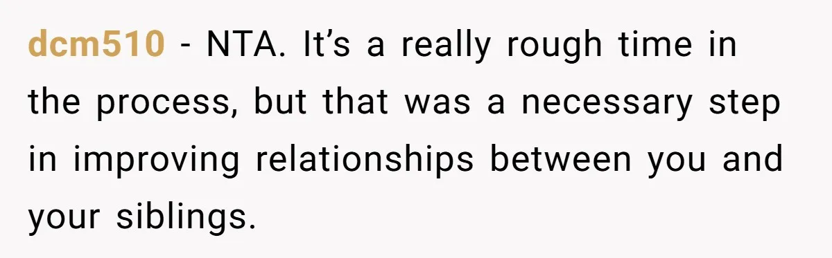 dcm510 − NTA. It’s a really rough time in the process, but that was a necessary step in improving relationships between you and your siblings.