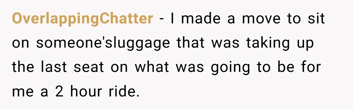 OverlappingChatter − I made a move to sit on someone'sluggage that was taking up the last seat on what was going to be for me a 2 hour ride.
