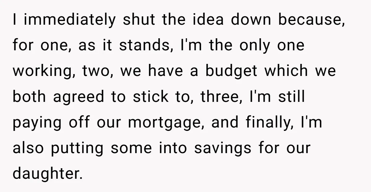 I immediately shut the idea down because, for one, as it stands, I'm the only one working, two, we have a budget which we both agreed to stick to, three,...