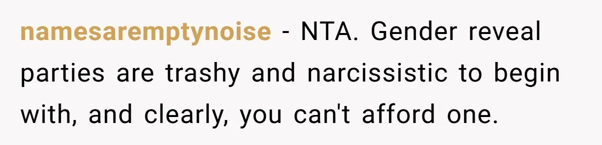 namesaremptynoise − NTA. Gender reveal parties are trashy and narcissistic to begin with, and clearly, you can't afford one.