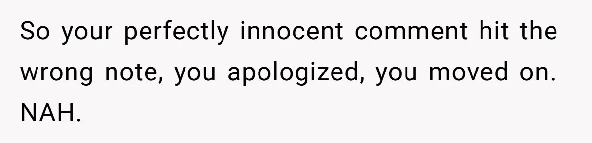 So your perfectly innocent comment hit the wrong note, you apologized, you moved on. NAH.