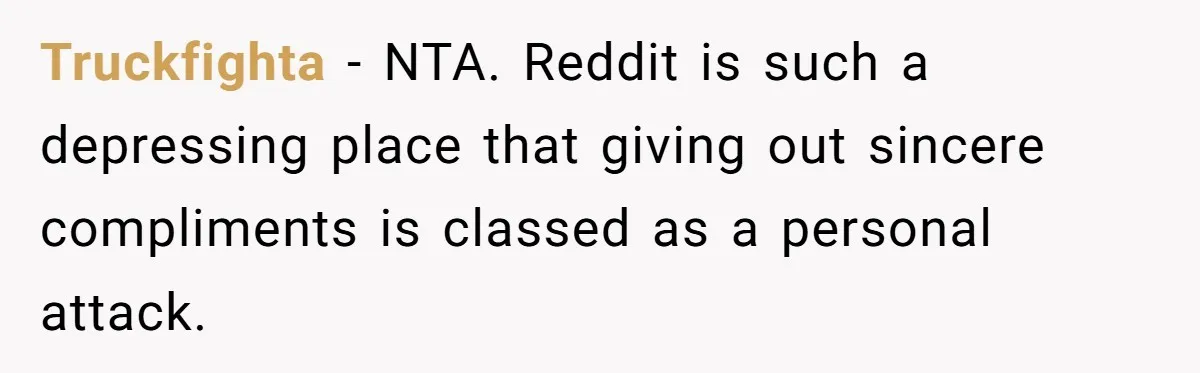 Truckfighta − NTA. Reddit is such a depressing place that giving out sincere compliments is classed as a personal attack.