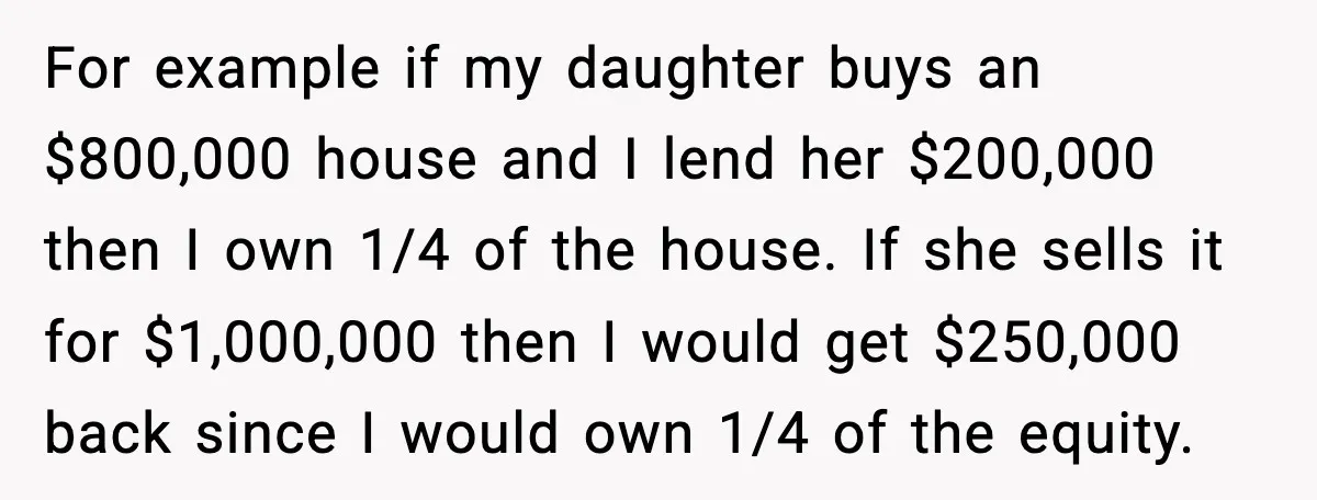 For example if my daughter buys an $800,000 house and I lend her $200,000 then I own 1/4 of the house. If she sells it for $1,000,000 then I would...