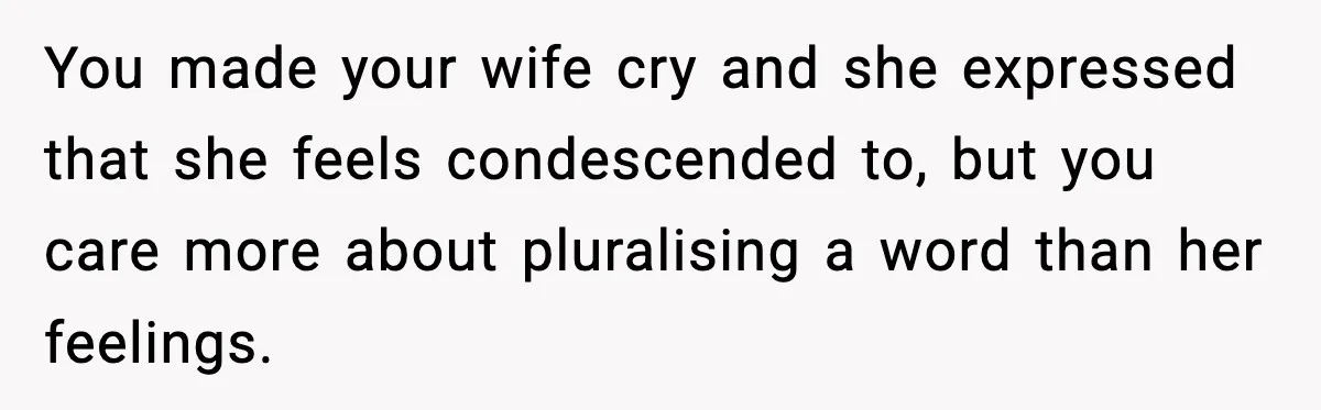 You made your wife cry and she expressed that she feels condescended to, but you care more about pluralising a word than her feelings.