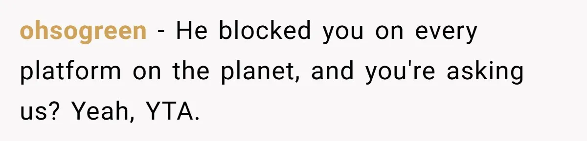 ohsogreen − He blocked you on every platform on the planet, and you're asking us? Yeah, YTA.