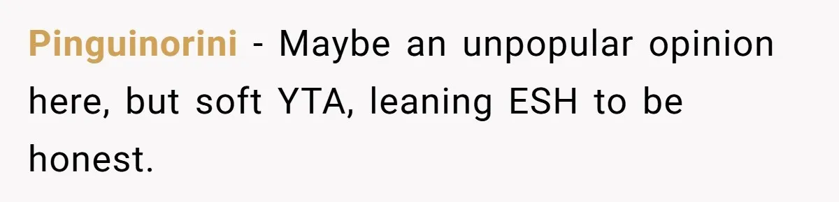 Pinguinorini − Maybe an unpopular opinion here, but soft YTA, leaning ESH to be honest.