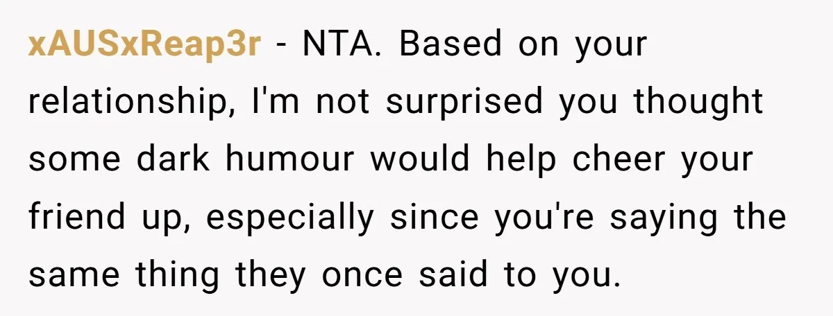 xAUSxReap3r − NTA. Based on your relationship, I'm not surprised you thought some dark humour would help cheer your friend up, especially since you're saying the same thing they once...