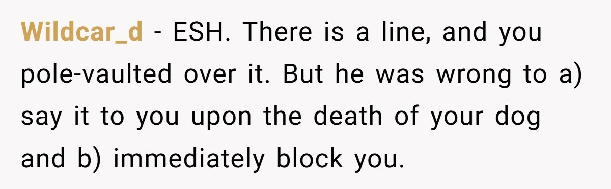Wildcar_d − ESH. There is a line, and you pole-vaulted over it. But he was wrong to a) say it to you upon the death of your dog and b)...