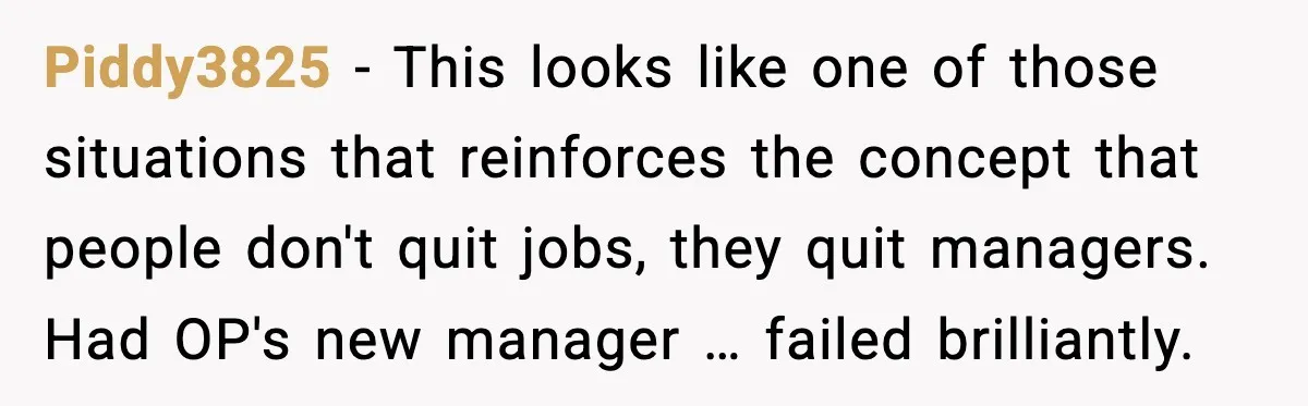 Piddy3825 - This looks like one of those situations that reinforces the concept that people don't quit jobs, they quit managers. Had OP's new manager … failed brilliantly.