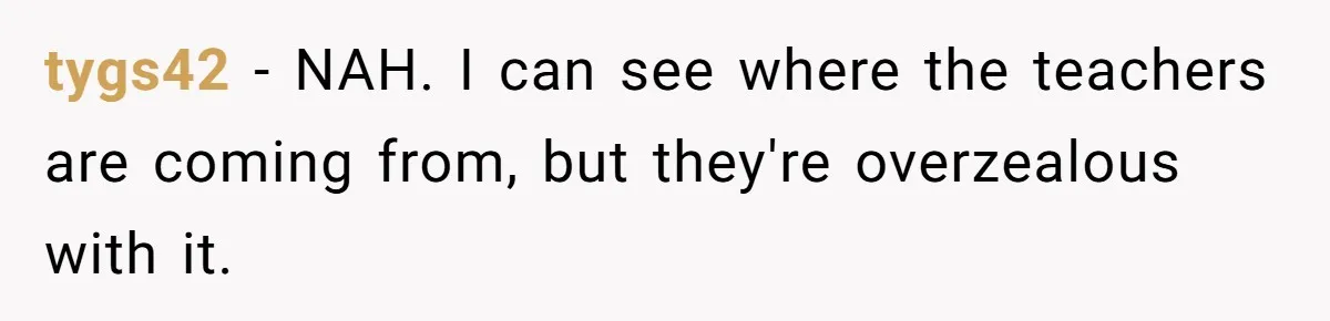 tygs42 − NAH. I can see where the teachers are coming from, but they're overzealous with it.