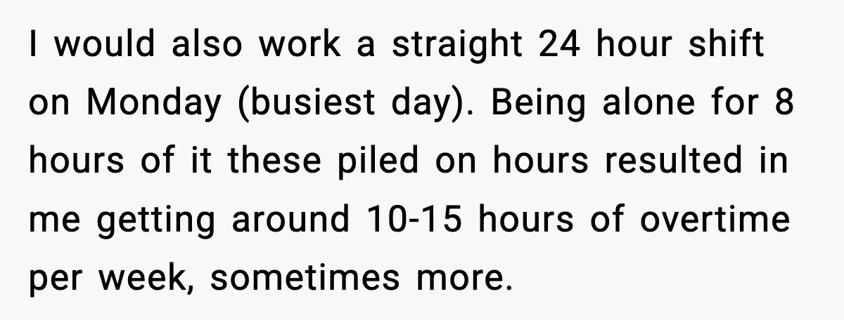 I would also work a straight 24 hour shift on Monday (busiest day). Being alone for 8 hours of it these piled on hours resulted in me getting around 10-15...