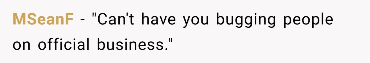 MSeanF − "Can't have you bugging people on official business."