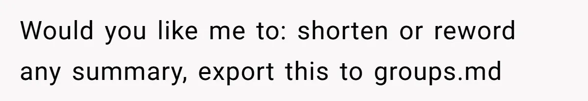 Would you like me to: shorten or reword any summary, export this to groups.md