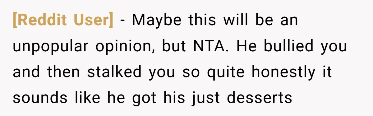 [Reddit User] - Maybe this will be an unpopular opinion, but NTA. He bullied you and then stalked you so quite honestly it sounds like he got his just desserts