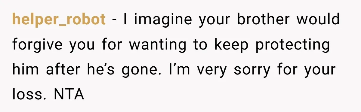 helper_robot − I imagine your brother would forgive you for wanting to keep protecting him after he’s gone. I’m very sorry for your loss. NTA