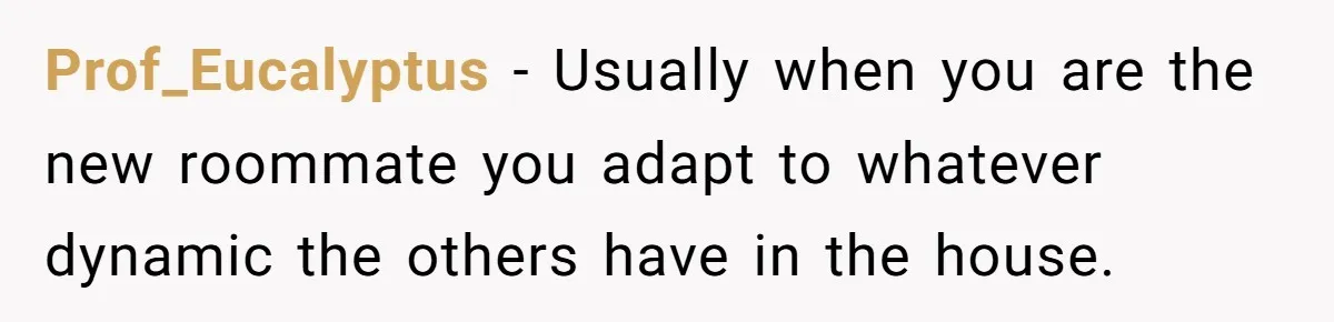 Prof_Eucalyptus − Usually when you are the new roommate you adapt to whatever dynamic the others have in the house.