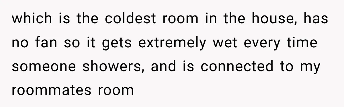 which is the coldest room in the house, has no fan so it gets extremely wet every time someone showers, and is connected to my roommates room