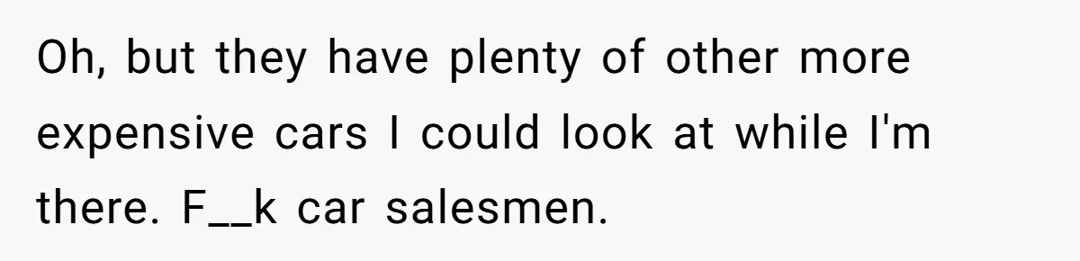 Oh, but they have plenty of other more expensive cars I could look at while I'm there. F__k car salesmen.