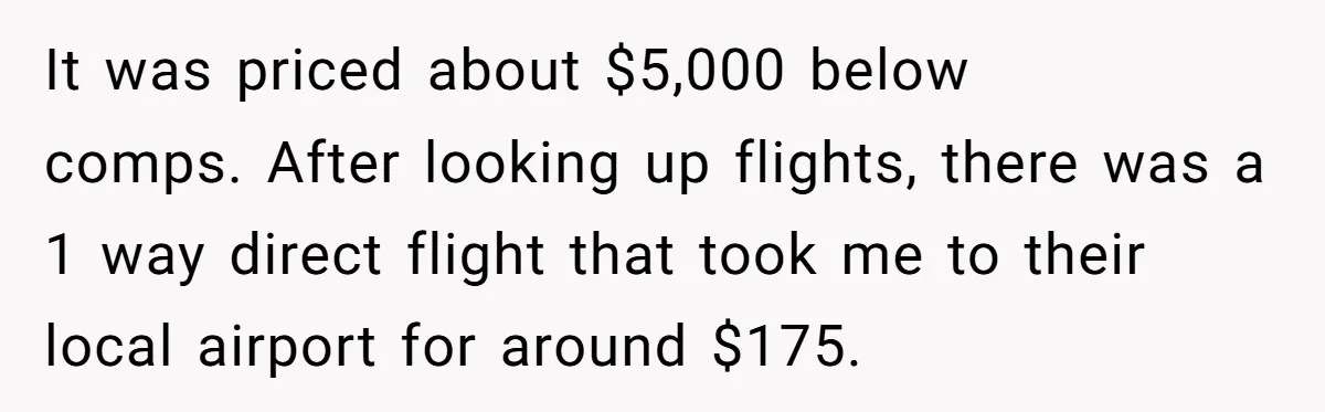 It was priced about $5,000 below comps. After looking up flights, there was a 1 way direct flight that took me to their local airport for around $175.
