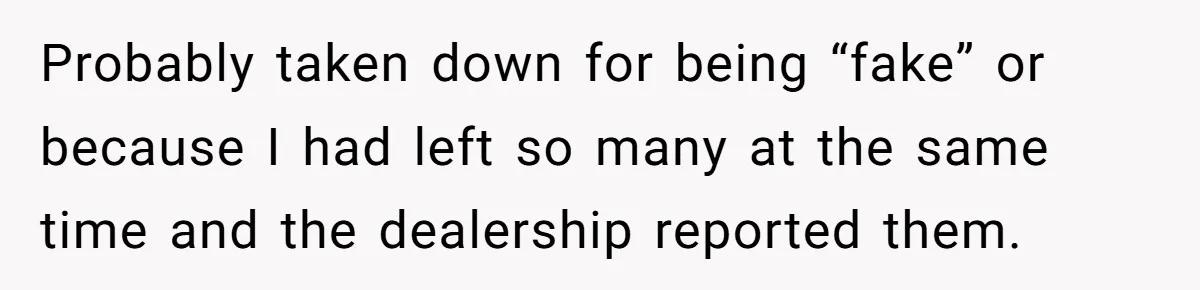 Probably taken down for being “fake” or because I had left so many at the same time and the dealership reported them.